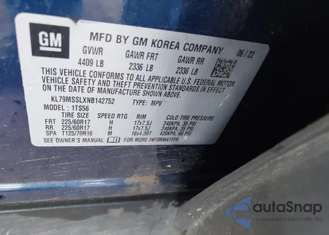 2022 Chevrolet Trailblazer Awd Activ z USA, uszkodzony, nr VIN KL79MSSLXNB142752